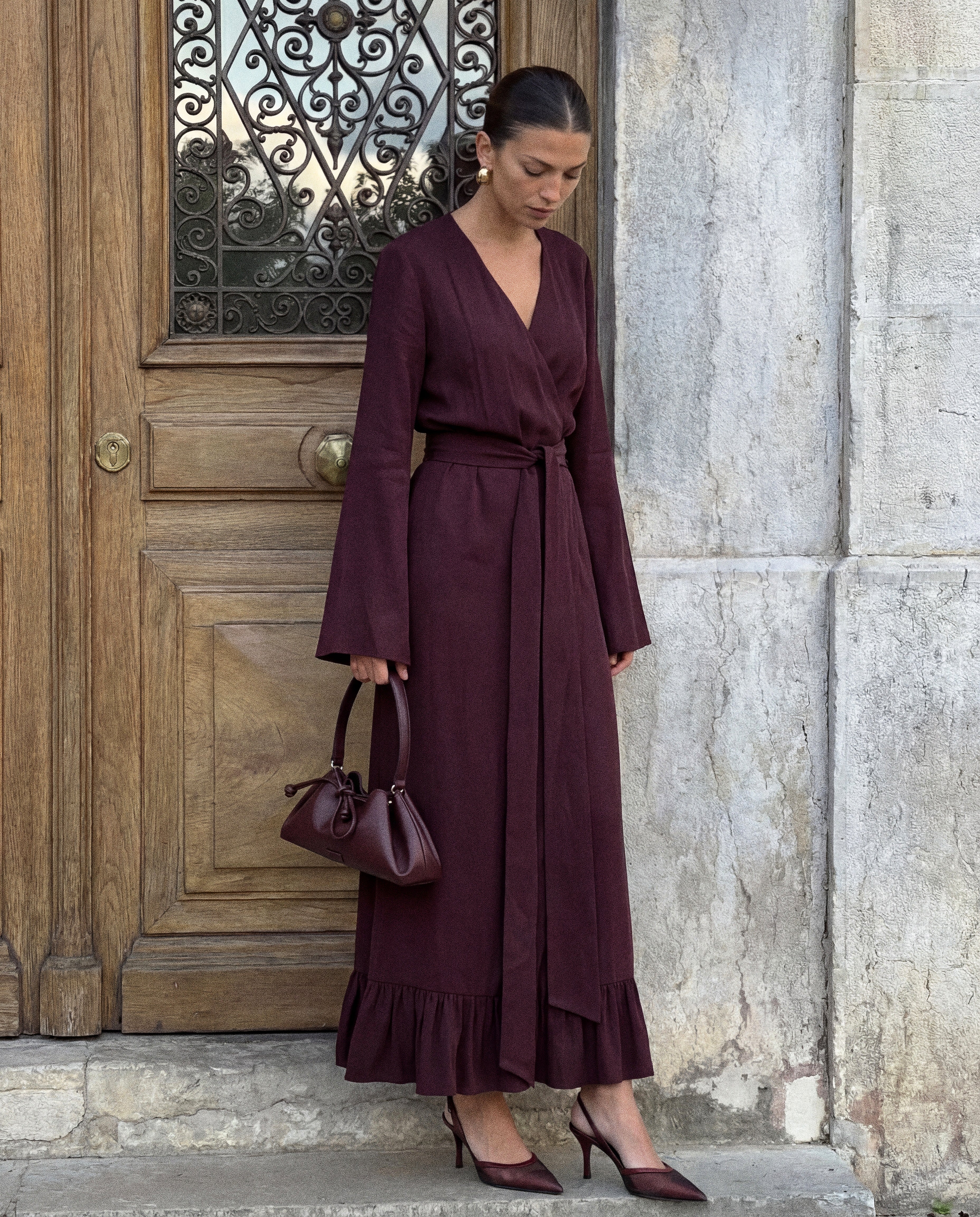 aubergine long dress Ladivine CD796 Elegantly Fitted Formal Gown with Leg Slit Eggplant / 18