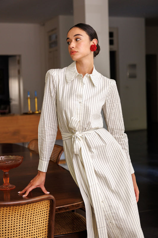 THE RACHEL DRESS IVORY STRIPE
